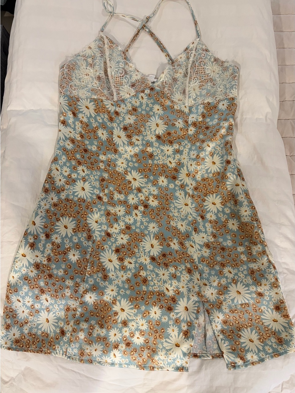 Garage Floral Silk/Lace Trim Slip Dress in Light Blue and White with Sunflowers
